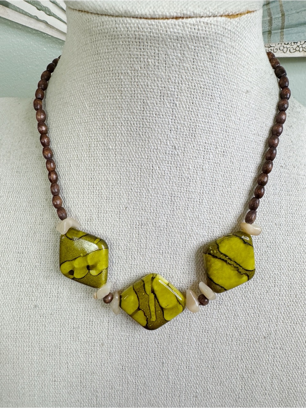 Hand Crafted Lime Green & Brown Beaded Necklace - Wood and Mop Chip Goblin Core